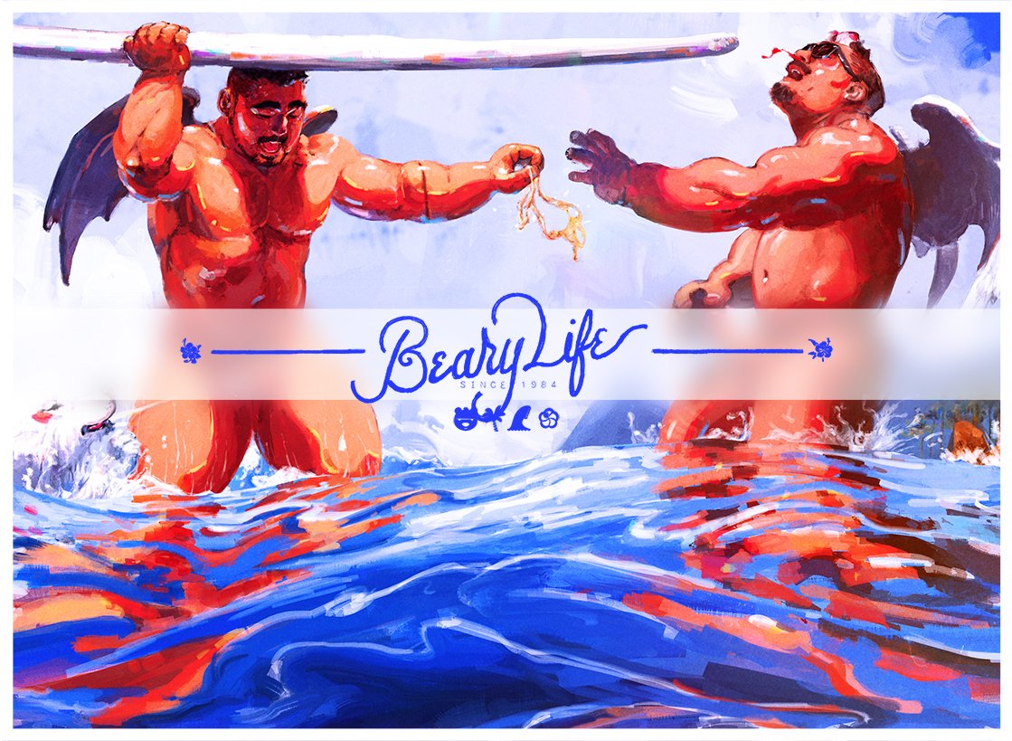 bkzerotwo's tweet photo. Hey! *Hit 💥

Surfer Beary's Life continues~🏄🏻🐻🌴🌊🌺
..with a naughty Sammy~ 😆

#digitalart #drawing #painting #artist #illustration #draw #muscle #bear #musclebear  #bodybuilder #bodybuilding #gachimuchi #gayart #gayartist #gaymuscle #maleart #gayartwork https://t.co/Luqn0nxQzU