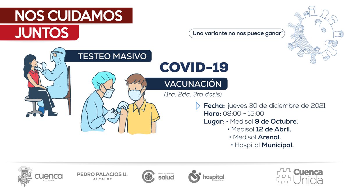 ¡Nos cuidamos juntos!

Mañana de 08:00 a 15:00 realizaremos un testeo masivo y vacunación COVID-19 (1ra, 2da, 3era dosis), en los siguientes lugares:

👉Medisol 9 de Octubre 
👉Medisol 12 de Abril
👉Medisol Arenal
👉Hospital Municipal