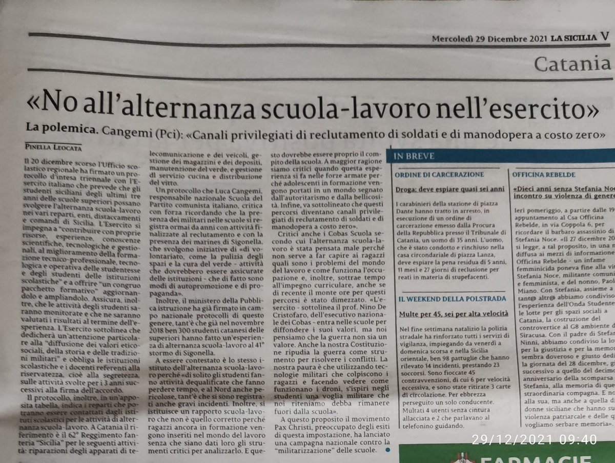 luca_cangemi's tweet photo. Sul quotidiano@lasiciliait la nostra denucia sul protocollo Ufficio Scolastico Regionale-Esercito.
#scuola
@Lasiciliaweb @MarioBarresi @Alba7Andrea @AndreaLodato @CapuanaR @CarosottiG @RossellaLatempa @Redazione_ROARS @peace_noblogs @peacelink @corzunino @alexcorlazzoli https://t.co/EJjswq5Yeb