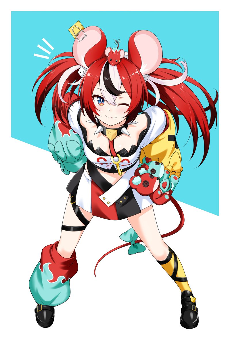 The multicolored hair VTuber for today is Hakos Baelz! (she/her)

Her hair colors are mainly red, with white bangs, and random strips of black.