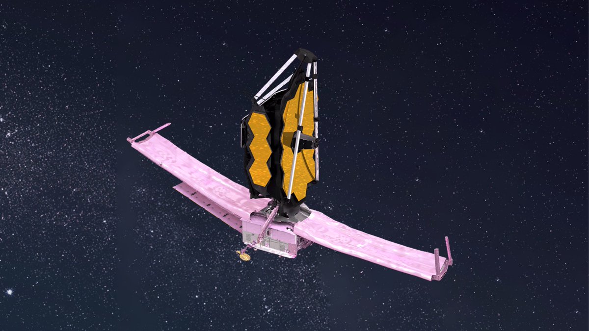 Artist illustration the James Webb Space Telescope amidst a starry space background, having just completed its deployable tower assembly deployment.