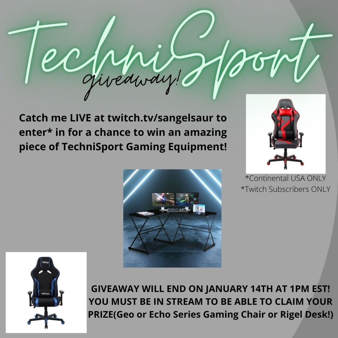 Sangelsaur's tweet image. 🚨GIVEAWAY!🚨

Enter* through my twitch to potentially win a @technisport Geo or Echo Series Gaming Chair or a Rigel Desk!
*Continental USA ONLY
*Twitch Subs ONLY

Thank you all for your support, I am so excited to be able to do this giveaway for you all!
Twitch.tv/sangelsaur