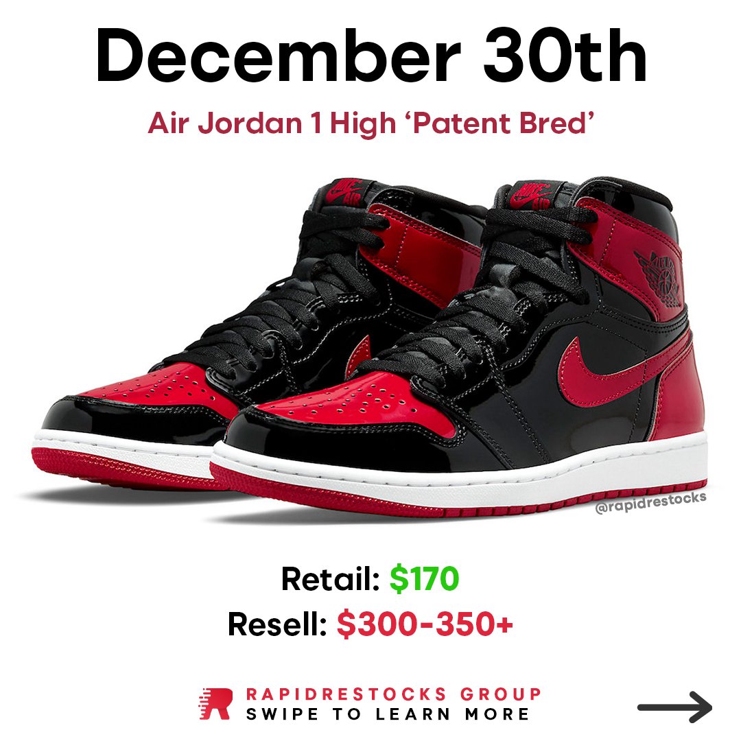RapidRestocksio's tweet photo. The highly anticipated Air Jordan 1 "Patent Bred" is finally releasing! 🔥

To celebrate, use code 'BRED' at checkout for 50% off your first month with us! 

https://t.co/R15g86dldO https://t.co/gPDXcciAp7