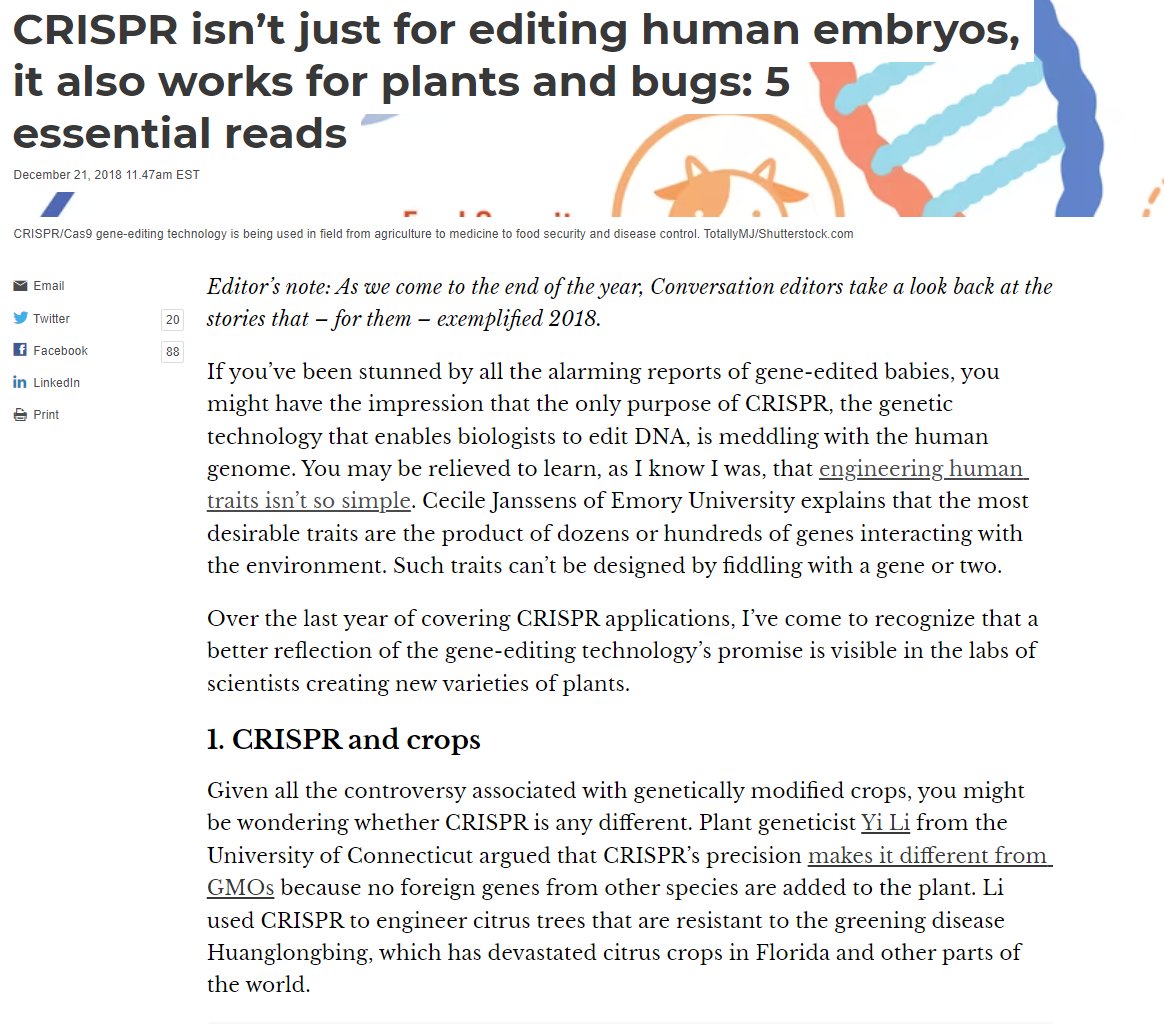 CRISPR isn’t just for editing human embryos (December 21, 2018): https://theconversation.com/crispr-isnt-just-for-editing-human-embryos-it-also-works-for-plants-and-bugs-5-essential-reads-108904Time - "researchers used mRNA to deliver CRISPR gene-editing technology that could permanently treat a rare genetic disease in humans" (August 2021): https://time.com/6080127/crispr-mrna/