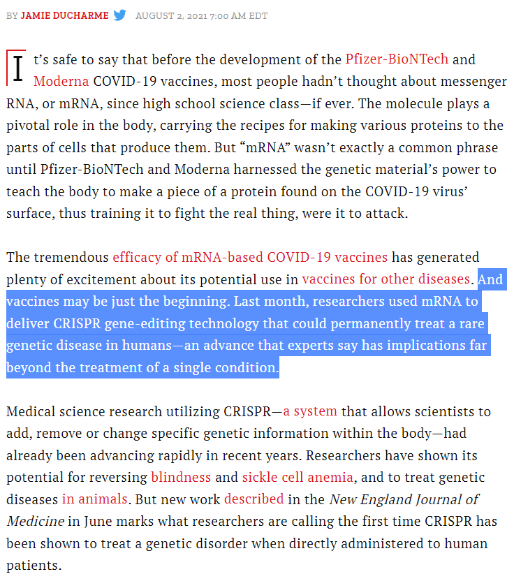 CRISPR isn’t just for editing human embryos (December 21, 2018): https://theconversation.com/crispr-isnt-just-for-editing-human-embryos-it-also-works-for-plants-and-bugs-5-essential-reads-108904Time - "researchers used mRNA to deliver CRISPR gene-editing technology that could permanently treat a rare genetic disease in humans" (August 2021): https://time.com/6080127/crispr-mrna/
