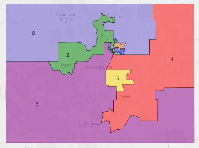 lad_map's tweet image. In a very different timeline, Republicans could draw this gerrymander of Colorado. It would give them 4 Trump +10 seats in 2020. However, Colorado is moving left rapidly and the map is at risk of becoming a dummymander. #ElectionTwitter