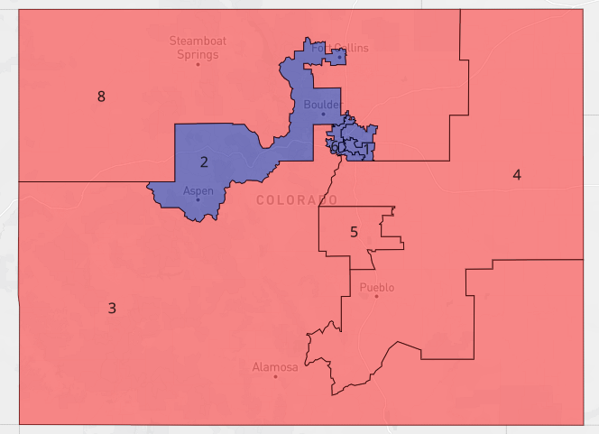 lad_map's tweet image. In a very different timeline, Republicans could draw this gerrymander of Colorado. It would give them 4 Trump +10 seats in 2020. However, Colorado is moving left rapidly and the map is at risk of becoming a dummymander. #ElectionTwitter