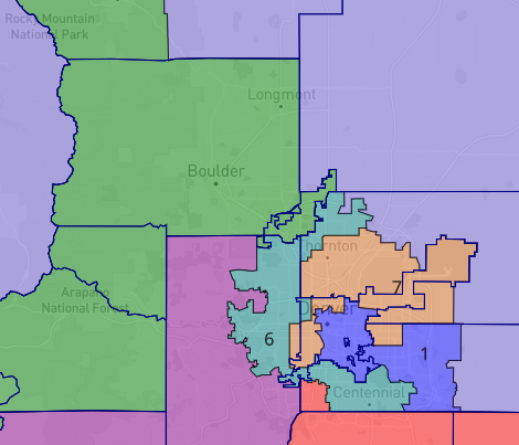 lad_map's tweet image. In a very different timeline, Republicans could draw this gerrymander of Colorado. It would give them 4 Trump +10 seats in 2020. However, Colorado is moving left rapidly and the map is at risk of becoming a dummymander. #ElectionTwitter