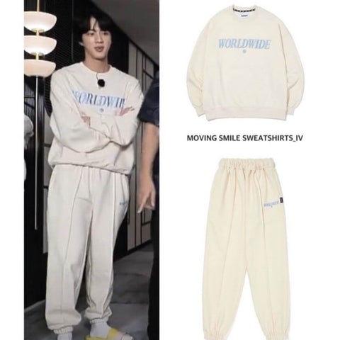 Jin wearing Ames Sweatshirt &amp; pant set.

AMES Sweatshirt: us.wconcept.com/moving-smile-e…
AMES Sweatpants: us.wconcept.com/moving-embroid…