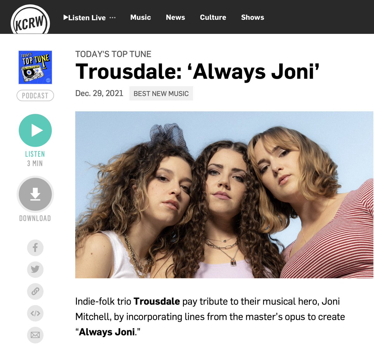 Hope you all have a fabulous New Year's Eve and a safe 2022. Trousdale ringing in the year on <a href="/kcrw/">KCRW</a> <a href="/mbeKCRW/">Morning Becomes Eclectic</a> with their tribute to Joni Mitchell, "Always Joni" Free download. kcrw.com/.../todays-top…