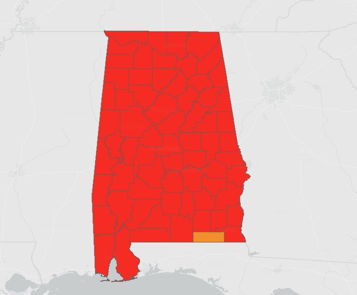 WBRCnews's tweet photo. Alabama is almost all red according to the Community Transmission Map from ADPH. Red means High Transmission Level. The state is at 27% positivity in tests. https://t.co/pk7voILONm https://t.co/oSIiA5iSXG