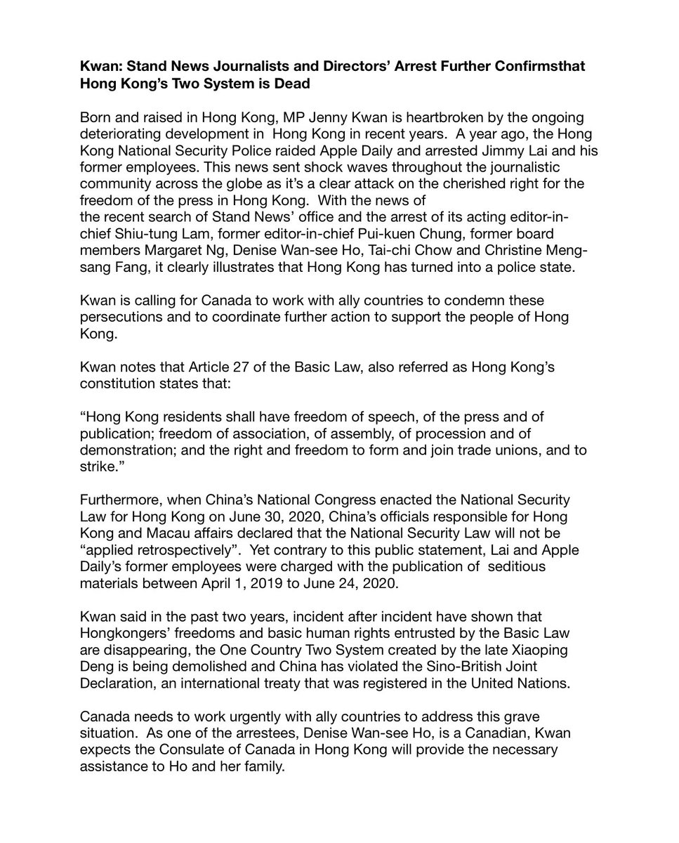 JennyKwanBC's tweet photo. Stand News journalist/directors being arrest further confirms HK’s Two System is Dead. HK has turned into a police state. Canada should work with allies to condemn &amp; coordinate further action. As arrestee Denise Ho is a Canadian, Consul Gen must assist Ho &amp; family. #StandwithHK https://t.co/v7CD10niIl