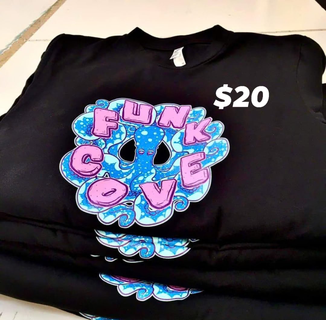 FunkCove's tweet photo. Hit us up for a sweet Funk Cove t-shirt (design by Johnny Olbey) It even has a funky design on the back, too! Find us on Facebook @funkcove to place an order. https://t.co/KP5RunLCo7