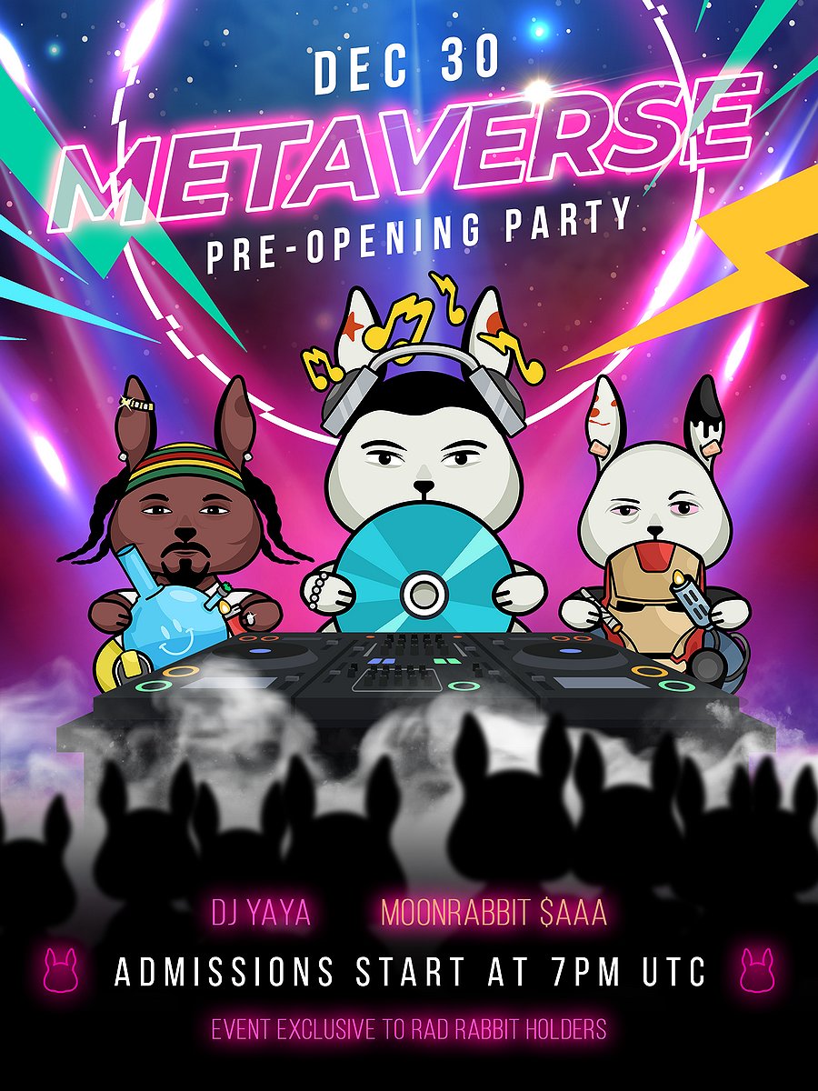moonrabbitAZ's tweet image. Are YOU ready for the #metaverse grand reveal tomorrow? Surprise party with the DJs and #meta treasure hunt is what awaits $AAA Radical Rabbit #NFT holders! Are you ready to party hard? Please join our discord discord.com/invite/u3J5Vhu… to receive the secret invitation!🏆