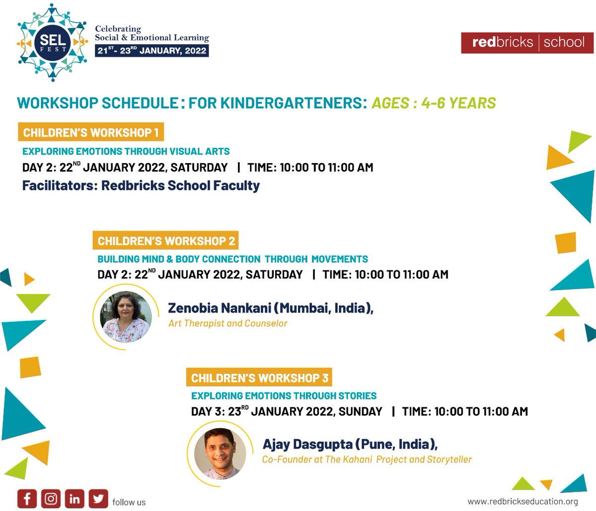 Redbricks's tweet photo. Hurry Up ! Just a Few Seats left for 
Kindergarten Workshops (4 to 6 years) !

Hosted by: 
Redbricks School faculty from Ahmedabad
Ajay Dasgupta- Co-founder at The Kahani Project and Storyteller
Zenobia Nankani- Art Therapist and Counselor 

Link:  https://t.co/WOxJZ5pjhZ https://t.co/o9EwnjitFT