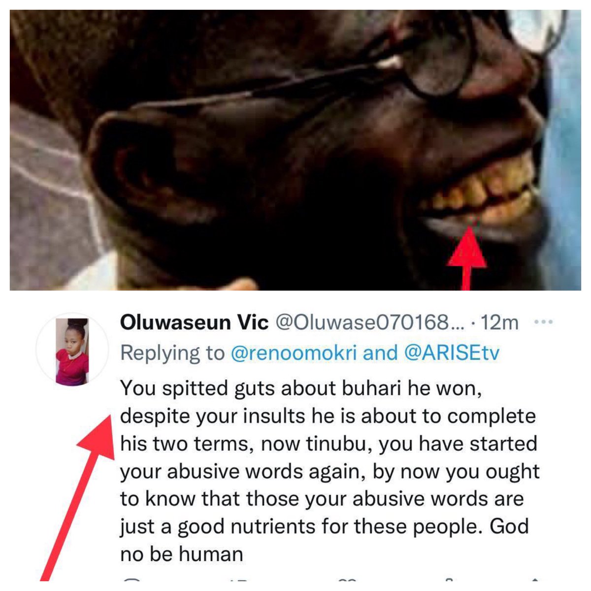 Reno Omokri (@renoomokri) on Twitter photo Dear <a href="/Oluwase07016849/">Oluwaseun Ayomide</a>,
If the right leader is in power, you will be educated enough to know that it is you spat, not ‘you spitted’. I want to help people like you. That’s why I oppose Buhari. Your English looks like something that Bola Tinubu spat out of his mouth!
#TableShaker Dear <a href="/Oluwase07016849/">Oluwaseun Ayomide</a>,
If the right leader is in power, you will be educated enough to know that it is you spat, not ‘you spitted’. I want to help people like you. That’s why I oppose Buhari. Your English looks like something that Bola Tinubu spat out of his mouth!
#TableShaker