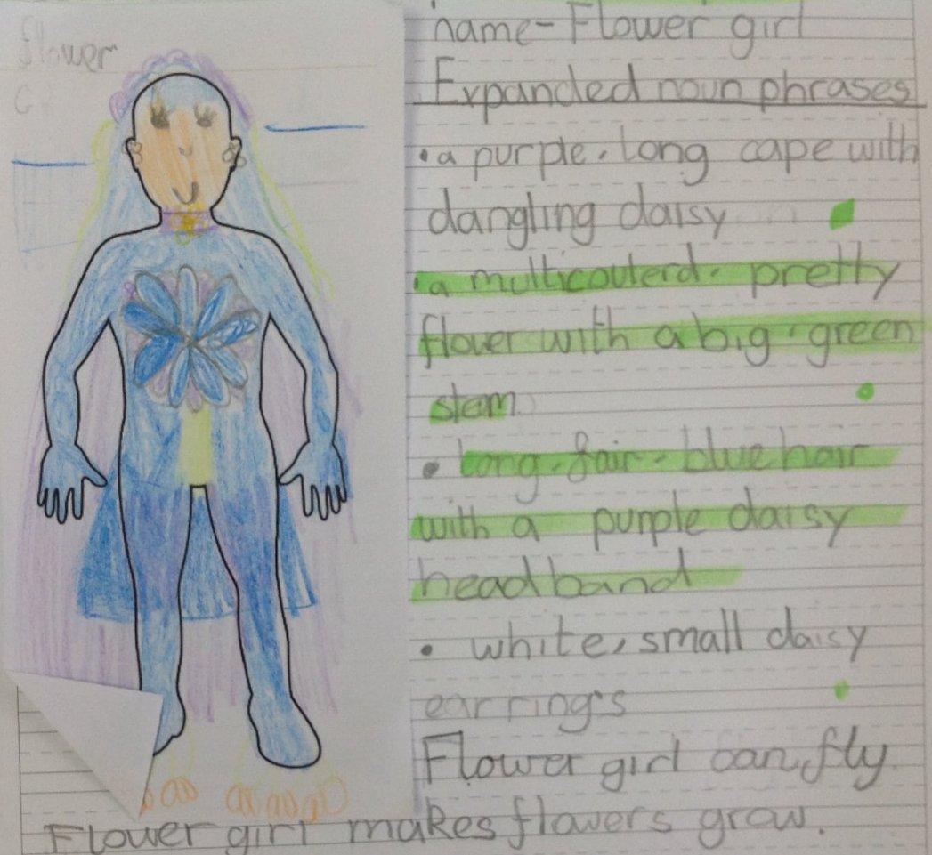 Alex (3W) came up with 'Super Dash'. He can run super fast and create tornadoes! 
Poppy T (3W) invented 'Flowergirl'. She can make flowers grow and rescues animals. 
Isobel designed 'Super Bat'. She wears shiny, golden suction boots which enable her to walk on ceilings.