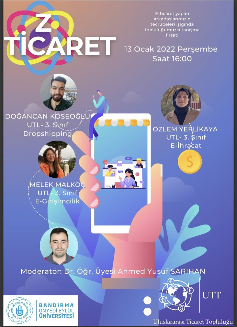 Arkadaşlar merhaba, etkinliğimizin 1. Oturumuna buradan katılabilirsiniz ✨

Konu: Uluslararası Ticaret Topluluğu Z Ticaret Etkinliği
Saat: 13 Oca 2022 04:00 ÖS İstanbul

Zoom Toplantısına Katılın
us04web.zoom.us/j/77315726643?…

Toplantı Kimliği: 773 1572 6643
Parola: 12345