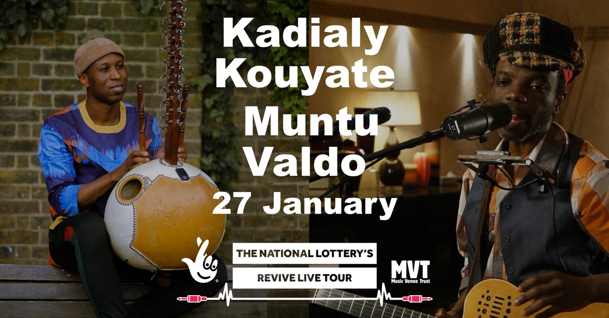 Our first event of 2022 is for the <a href="/musicvenuetrust/">Music Venue Trust</a>  #ReviveLive tour - features <a href="/KKsoundarchive/">kadialy Kouyate</a> <a href="/MuntuValdo/">Muntu Valdo</a> - January 27th at Greenleaf Rd Baptist  Church Only £10 + BUY ONE GET ONE FREE!. #ComeTogether #TakeATest  @thenationallottery 
tinyurl.com/2p96rtw5