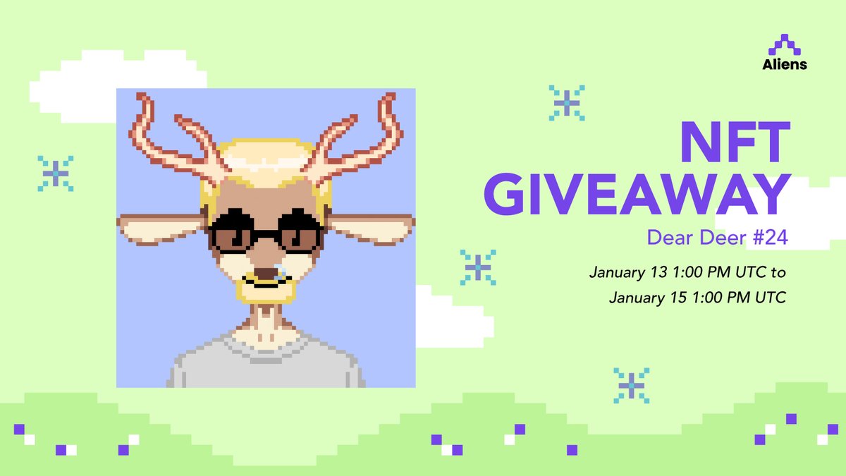 🔥 A hardcore onchain pixelart pfp? @DearDeerNFT gotchu! 1 winner can get DearDeer #24 and join this wholesome community! How? 1. Download Aliens (link in bio) 2. Tap participate on the giveaway tab 3. Follow the steps there Good luck, dear! 🦌🦌🦌