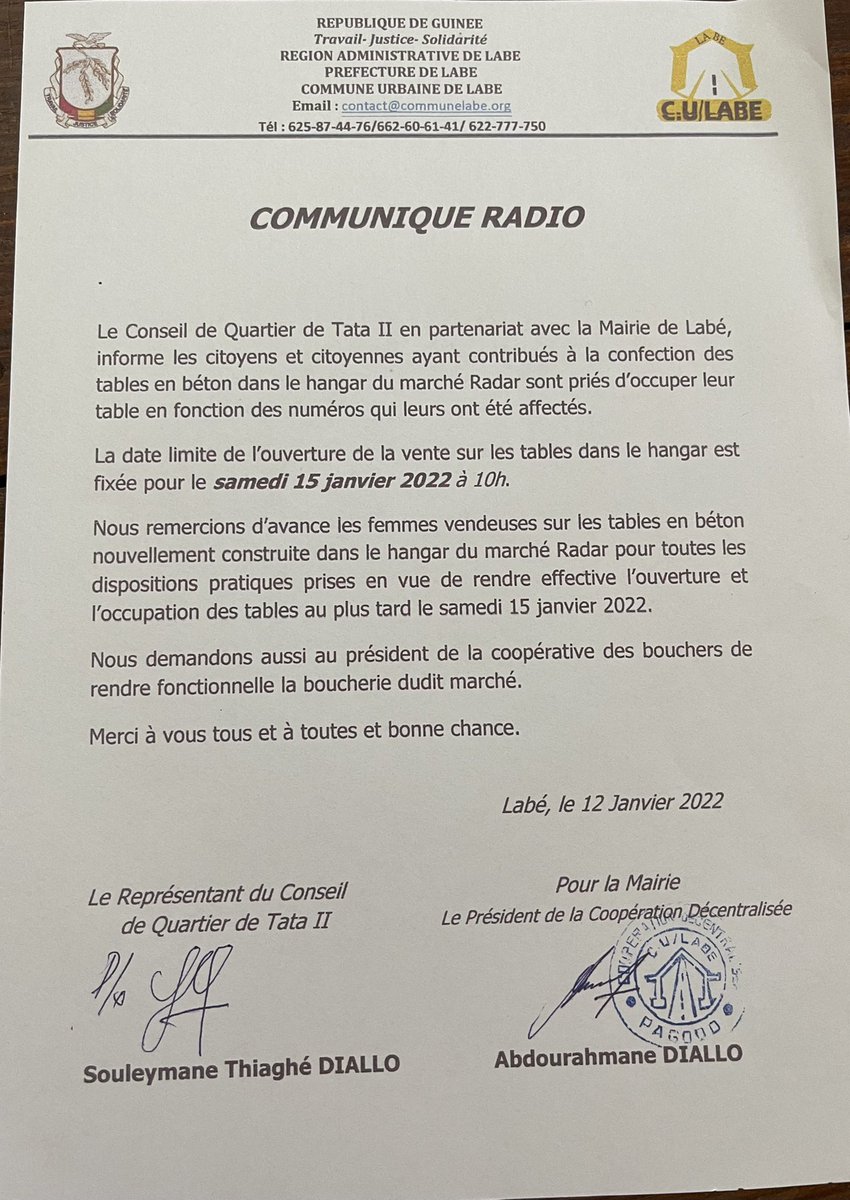 Le Conseil de Quartier de Tata II en partenariat avec la Mairie de Labé, informe les citoyens et citoyennes ayant contribués à la confection des tables en béton dans le hangar du marché Radar sont priés d'occuper leur table en fonction des numéros qui leurs ont été affectés.