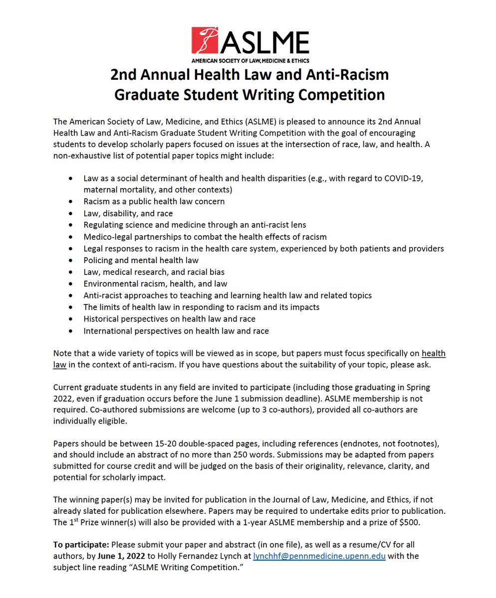 📣📣📣Calling grad students + faculty mentors!

2nd Annual <a href="/aslmenews/">ASLME</a> Health Law + Anti-Racism
Graduate Student Writing Competition

Submissions due 6/1. Think about entries when you pick seminar paper topics + make those assignments! 

Spread the word 📣

aslme.org/wp-content/upl…