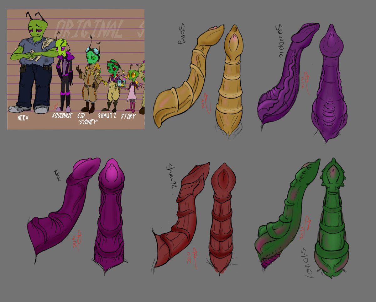 Pyrodarknessan1's tweet photo. need to update the art for this lot but  have some dicks!.
not final colours,   there is a LOT of natural variation of appendages in my AU.  a dick for every occasion.

#iznsfw #aliendick #aliencock https://t.co/B12Fncx5LN