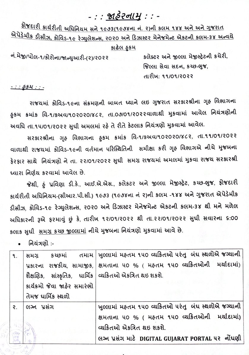 collectorkut's tweet photo. #RevisedNotification #Kutch
તા. ૧૨/૦૧/૨૨ થી તા. ૨૨/૦૧/૨૨ સુધી સમગ્ર કચ્છમાં નીચે મુજબના નિયંત્રણોમાં ફેરફાર સાથે જાહેર કરાયેલ જાહેરનામું.
@CMOGuj @pkumarias @GujHFWDept https://t.co/WSoV2D4pwF