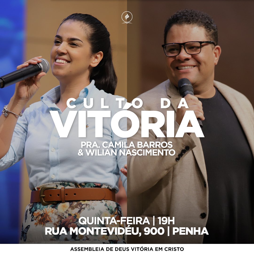 HOJE TEM CULTO DA VITÓRIA! 🙌🏻

Venha com a sua família participar às 19h. A pastora Camila Barros estará trazendo uma palavra que vai vir ao encontro com o seu coração, e o cantor Wilian Nascimento estará no louvor.
Observação:

Todos precisam estar de máscara.

#SomosUm