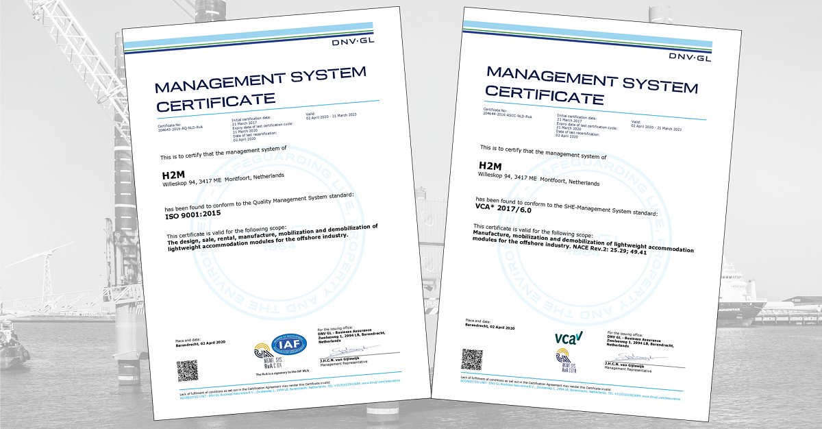 H2m took part in and successfully passed its annual ISO 9001:2015 and SCC* 2017/6.0 surveillance audit. 
This audit covered all aspects of the Quality Management System with respect to H2M’s scope.

#offshoreaccommodation #TLQ #livingquarters #h2m #renewable #oilandgas