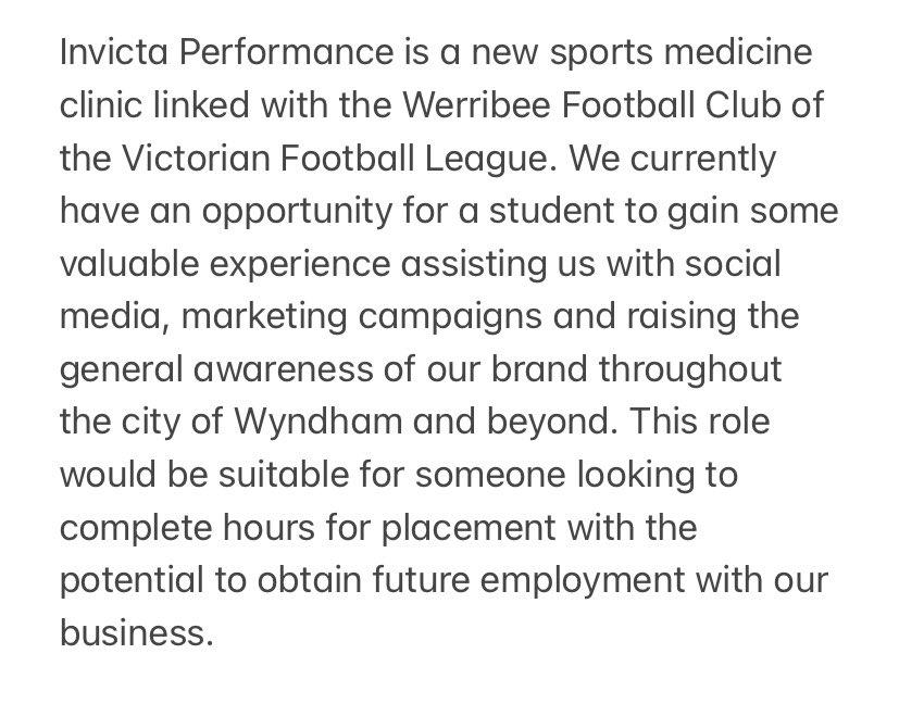 nina_hyde's tweet photo. INTERNSHIP OPPORTUNITY 🚨Attention Comms students looking for an internship!! Invicta Performance is looking for a student to help them out. If you are interested or would like more information please email: Scott@invictaperformance.com.au #ALM101 #ALM102 #DDMAlumni https://t.co/JmeNGRiSMj