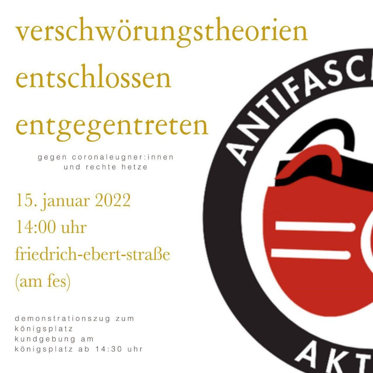 Auch in Kassel: Stimme zeigen und "Verschwörungstheorien" keinen Raum lassen! Am Samstag ab 14 Uhr gehts am FES (Friedrich-Ebert-Str.) los.
#ausgeschwurbelt #maskeauf #abstandhalten