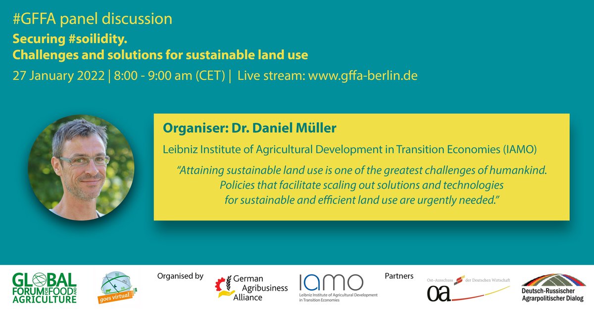 We are looking forward to welcoming you at the GFFA panel discussion on 27 January 2022. Please find the programme here: bit.ly/3wDqAnK <a href="/OstAusschuss/">Ost-Ausschuss der Deutschen Wirtschaft e.V.</a> @GermanAgBiz

#GFFA #IGW #GreenWeek #agriculture #sustainable #LandUse #soilidity