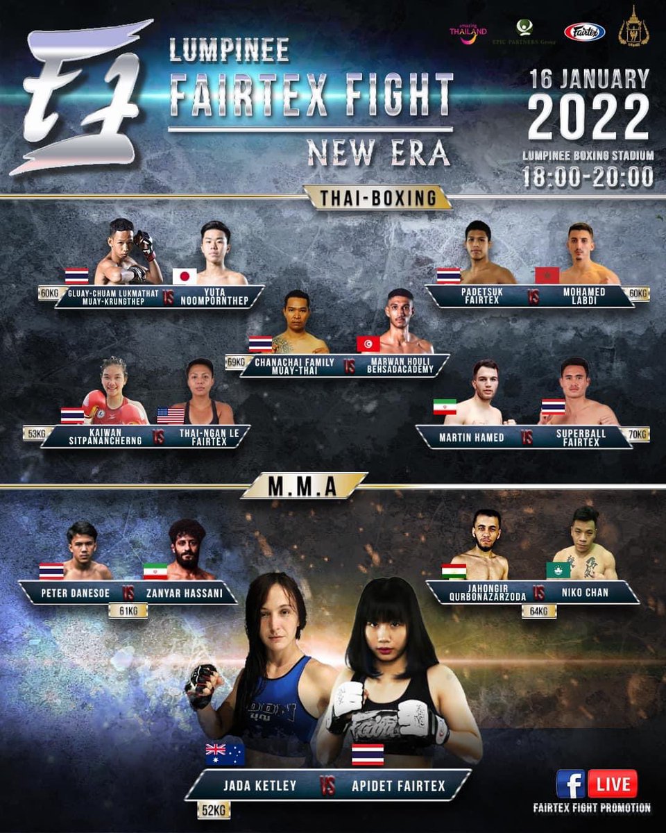 LumpineeBoxing's tweet photo. A NEW ERA 

@FairtexF will host a night of MuayThai and for the first time, MMA at Lumpinee Stadium 

This coming Sunday, January 16 

🎟 VIP tickets are available via the Fairtex team 

#lumpineestadium https://t.co/I6mmo03mDc