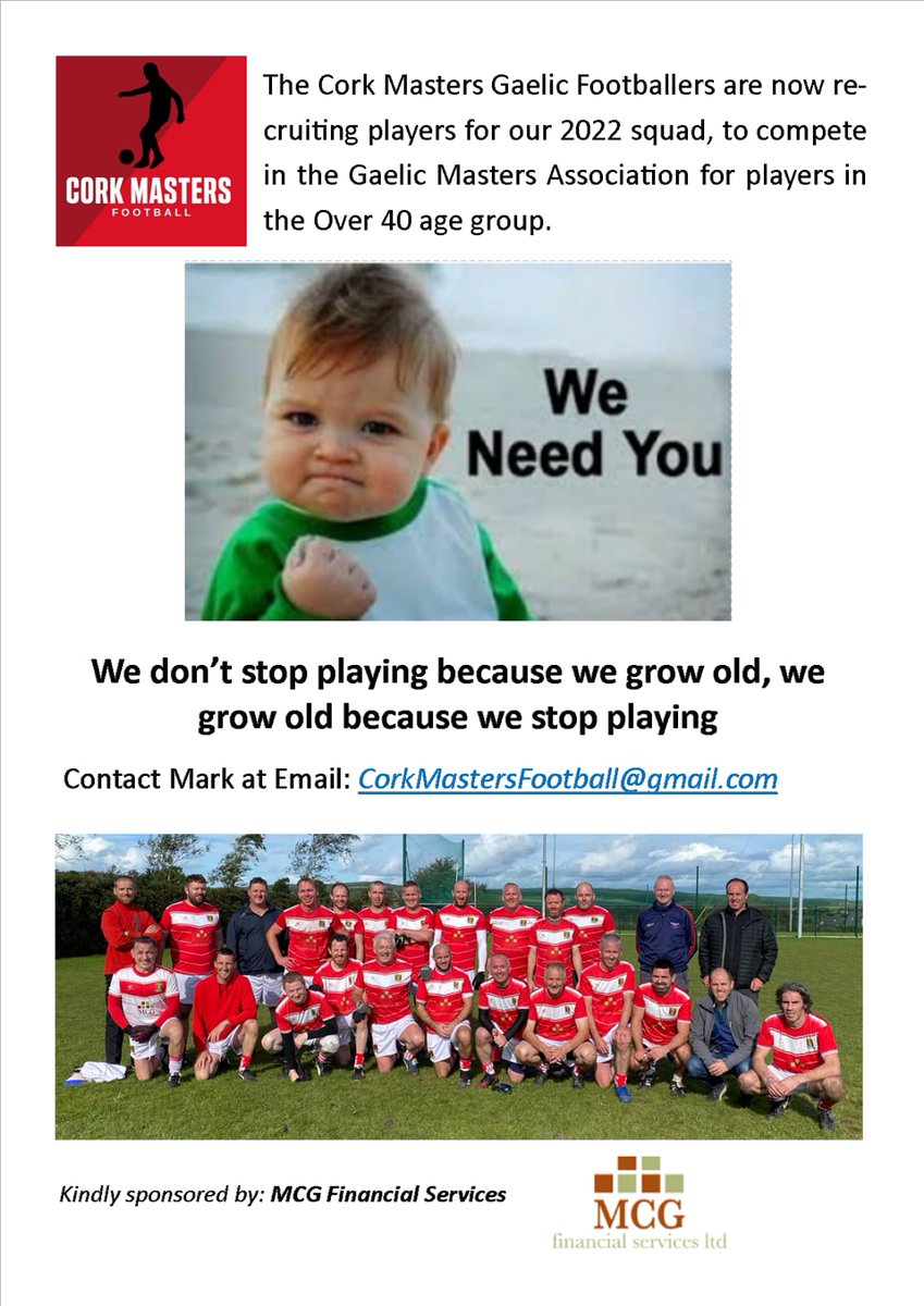 Anyone interested in playing Masters football for Cork, please see the details below.