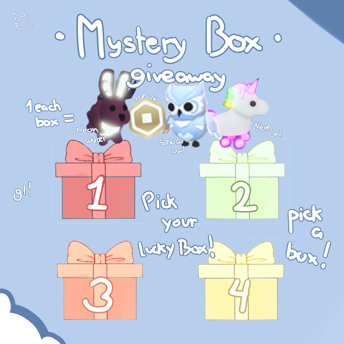 kyqoq's tweet photo. #AdoptMe Mystery Box Gw!

To enter:
-Like n Rts w tags
-Follow me
-Comment your chosen number
1-4

Using a wheel!Gl
Extras in thread!
Ends in enough entries
#adoptmegiveaway #Adoptmetrades #adoptmetrader #robuxgiveaway #adoptmetrading #adoptmegiveaways https://t.co/dyWsU0Cj7w