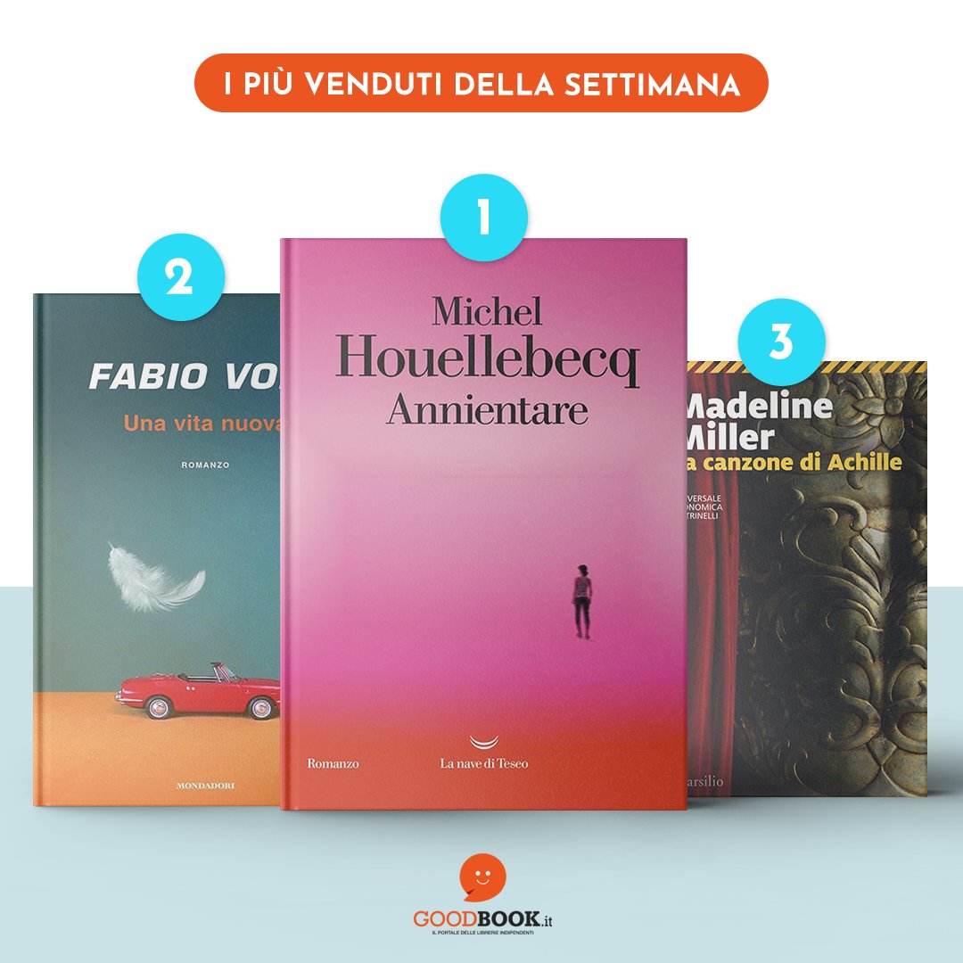 GoodBookit's tweet image. #13Gennaio 
Questa settimana, sul podio della #classifica una novità attesissima: il nuovo romanzo di Michel Houellebecq, "Annientare". Seguono Fabio Volo e Madeline Miller!
Scopri di più su 📚 goodbook.it