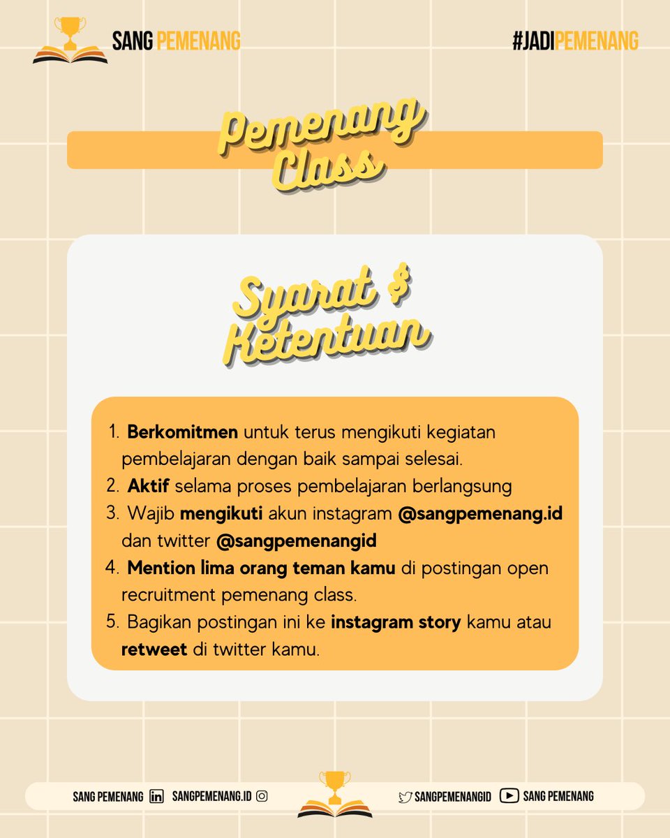 sangpemenangid's tweet image. 👩‍🏫 PEMENANG CLASS OPEN REGISTRATION 👨‍🏫

Halo Pemenang!🏆

Udah ga sabar untuk ikutan belajar di Pemenang Class? Sekarang pendaftarannya udah dibuka loh!🥳

Jadi, tunggu apalagi, langsung daftarin diri kamu di bit.ly/RegistrasiPeme…