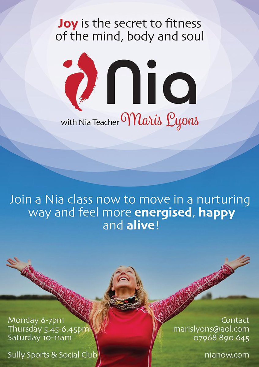 SullyClub's tweet image. Join a Nia class now to move in a nurturing way and feel more energised, happy, and alive!

Nia with Nia Teacher Maris Lyons at Sully Sports and Social Club:-
Mon 6-7pm
Thurs 5.45-6.45pm
Sat 10-11pm 

For more information email - marislyon@aol.com or ring - 07968 890 645