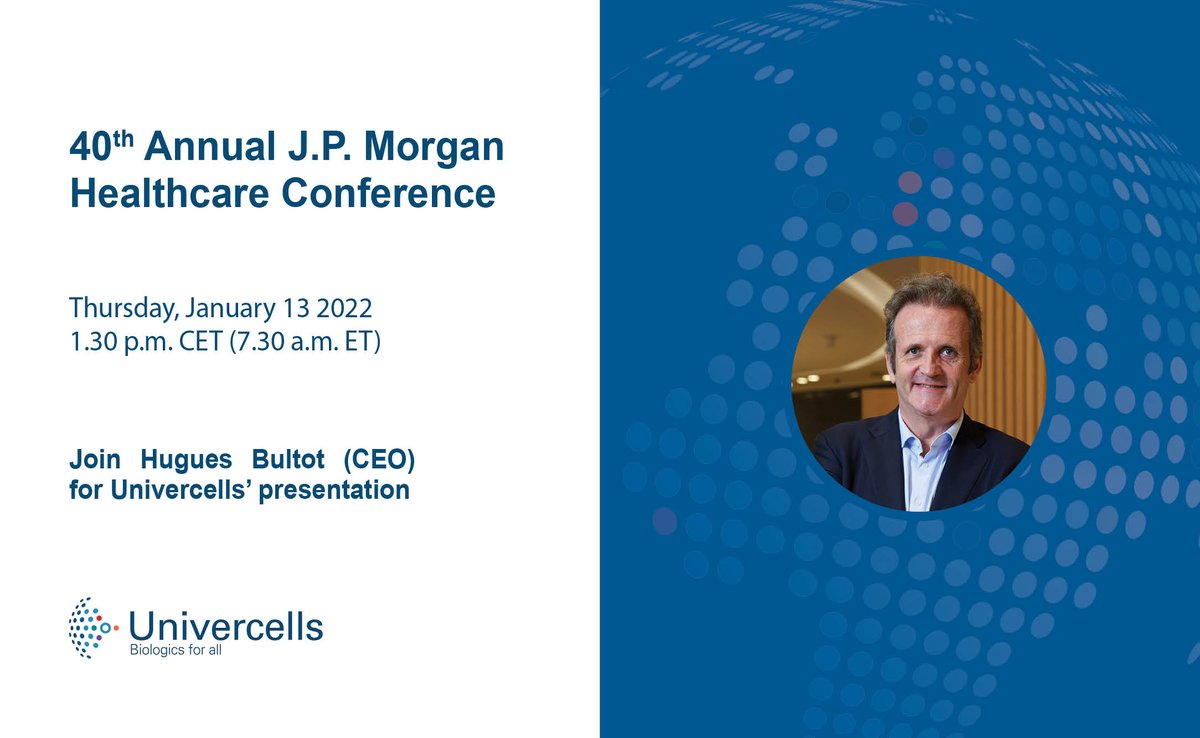 📆 Gentle reminder to tune in for Hugues Bultot's presentation at the Annual <a href="/jpmorgan/">J.P. Morgan</a> Healthcare Conference at 1.30 pm CET / 7.30 am ET. For more details: lnkd.in/eFQKvEVY
#investorrelations #biologicsforall #healthcare #JPM22 <a href="/BultotH/">Hugues Bultot</a>