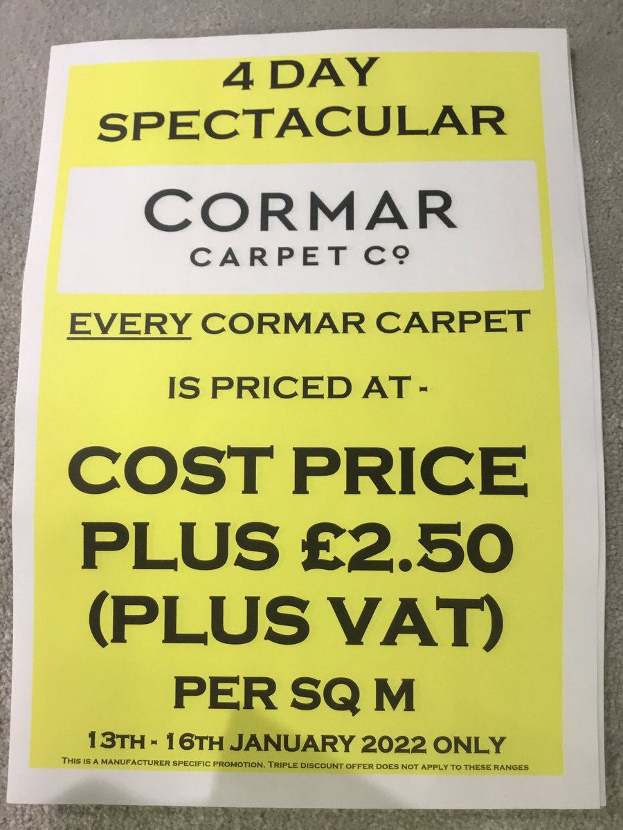 Every Cormar Carpets Range is priced at COST PRICE + £2.50 (Plus VAT) per square metre.  (13th - 16th January only).   FREE FITTING on these ranges when you purchase the equivalent amount of our 10mm underlay (HSL &amp; Minimum surcharge applies) (T&amp;C’s apply)