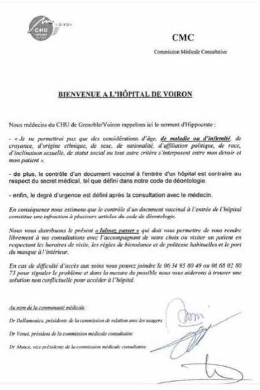 FreeFunloving's tweet image. LE CHU DE GRENOBLE, FIDELE AU SERMENT D'HIPPOCRATE ET AU RESPECT DU CODE DE DEONTOLOGIE REFUSE LE PASS SANITAIRE ET LE CONTRÔLE À L'ENTREE
L'hôpital de Voiron fait de la résistance en refusant d'appliquer le Pass sanitaire.
