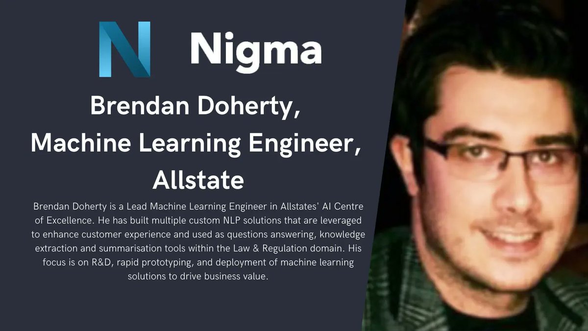 🔊 Speaker announcement 🔊
We’re pleased to announce our first speaker Brendan Doherty, a Machine Learning Engineer at Allstate. 
Brendan will be speaking at our 'How to Get Started with Natural Language Processing' event on 27th January!
Sign-up here:
buff.ly/3FylPyF