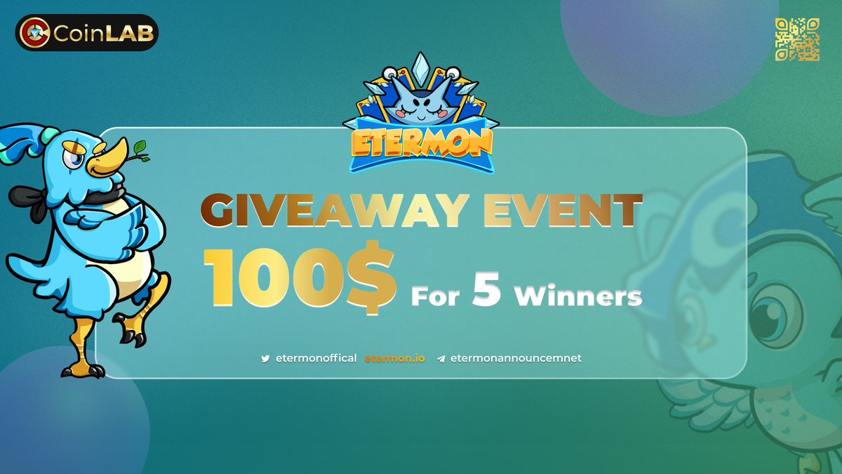 Dewis05's tweet photo. #Giveaway event from @EtermonOfficial and @BluewheelC 🎉🎉

💸 Rewards: 100 USDT to 5 lucky winners 
⏳ Time: 12 - 15 Jan, 2022
🌊 Winners will be randomly chosen
😉 Rules in the tweet below 👇👇

🍀 Check it out, dude 🍀🍀
#CoinLAB #Etermon #P2E #IDO @CoinLAB_Offi https://t.co/Vy65cB3st7