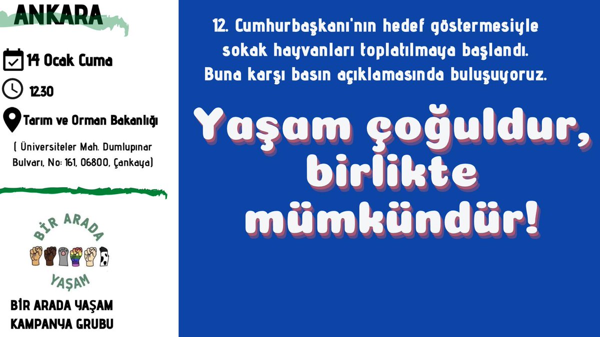 Mahalle sakinlerimizi ölüm kamplarına hapsetmenize izin vermeyeceğiz!

Sokaklarda yaşam mücadelesi veren hayvanların gidecek başka bir yeri yok.
İnsanlar ve diğer hayvanların şiddetsiz bir arada yaşayacağı kentler istiyoruz!

Herkesi desteğe bekliyoruz 🐾
#BirAradaYaşam mümkün!