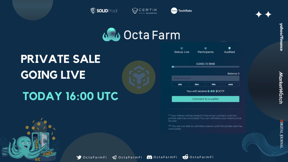 Private Sale is going live today at 16:00 UTC

octafarm.fi/private-sale

🔥 #BSC #Binance #BNB #YieldAggregator #YieldFarming #BinanceSmartChain #octafarm