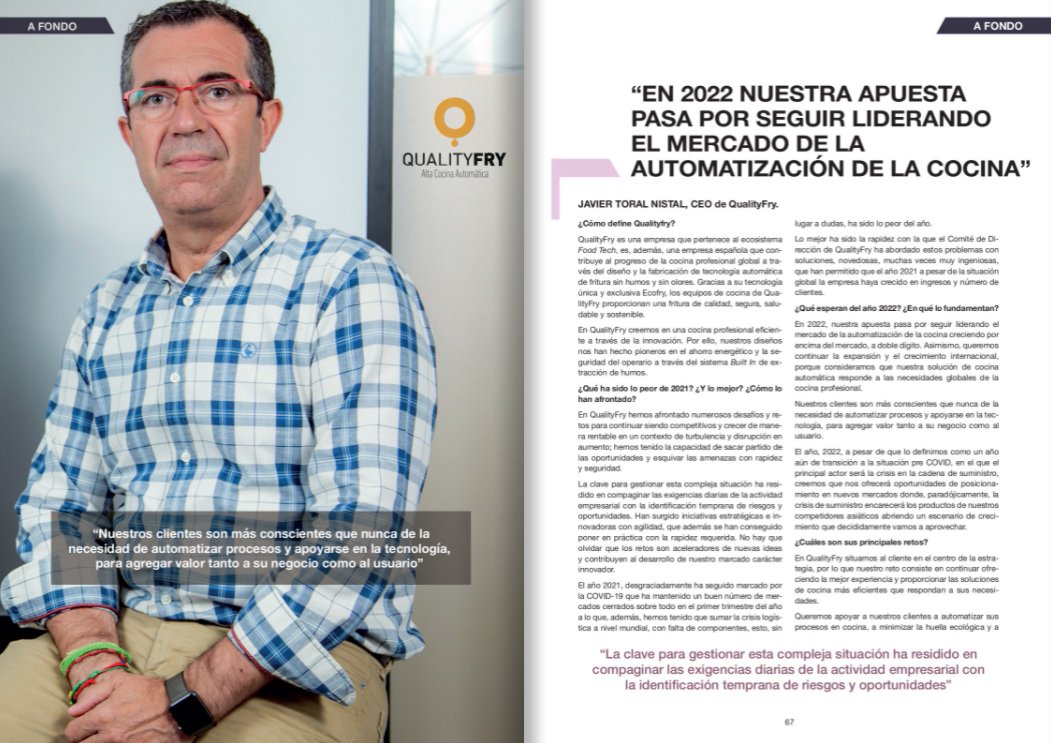 QualityFry's tweet photo. "En 2022 nuestra apuesta pasa por seguir liderando el mercado de la automatización de la Cocina". Entrevista de #CaterNews a Javier Toral, CEO de #QualityFry dentro del Especial "Planes 2022" (pág 67).
👉https://t.co/KO5nDPqfVI
#AutomaticSmartCooking #FreidoraSinHumos #Ecofry https://t.co/PP62OAh3tJ