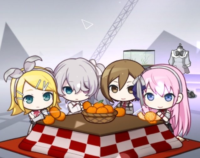 kagamine rin ,megurine luka ,meiko (vocaloid) fruit mandarin orange table food kotatsu brown hair multiple girls  illustration images
