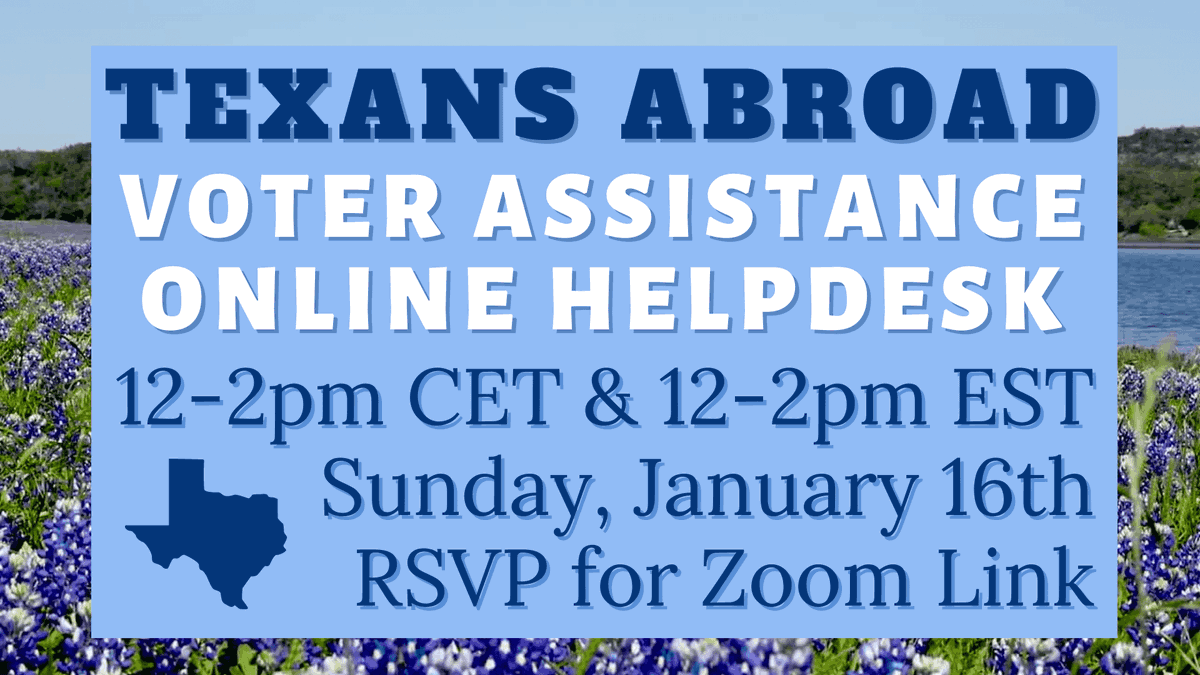 demsabroadbe's tweet photo. #Texpat and struggling with your voter registration for the #2022midterms?
@TXAbroad can help! They're holding two #voterassistance sessions on Jan 16th.
RSVP and then you can vote as soon as you get your ballots via email: https://t.co/MqdRyeDMSF https://t.co/CkRI71lU8z