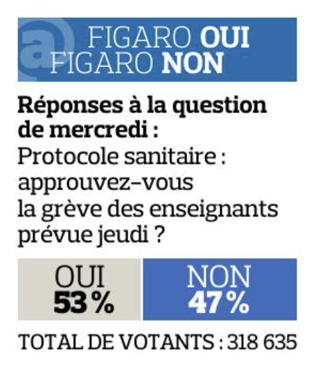 juliensalingue's tweet photo. Bonjour @Le_Figaro, c'est curieux de présenter des résultats de cette façon, avec le "oui" (majoritaire) en grisé et le "non" (minoritaire donc) en bleu et... plus gros que le "oui". Mauvaise foi ? Acte manqué ? https://t.co/n2WubYDuQX